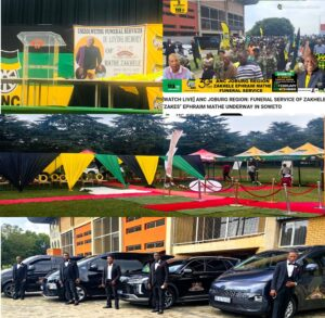 Collage of a funeral broadcast, decorated tents and funeral vehicles